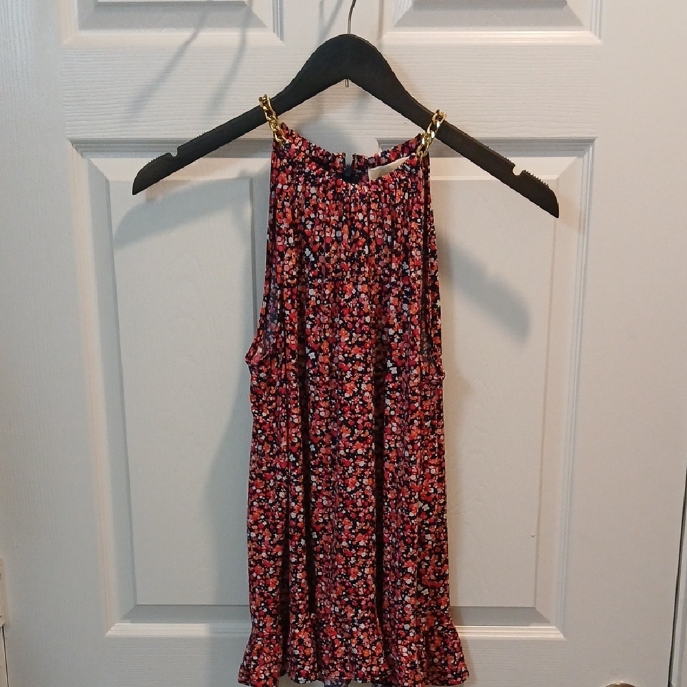 Michael Kors Red Floral Halter Top with Gold Chain
